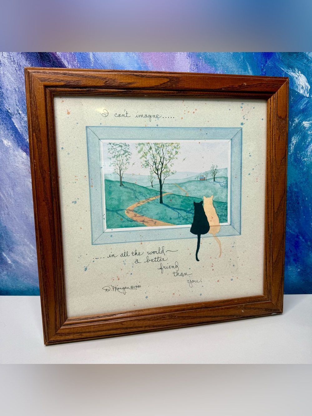 Vintage Cat Wall Art Framed Print D. Morgan 1990 Friendship Cottagecore Poetry